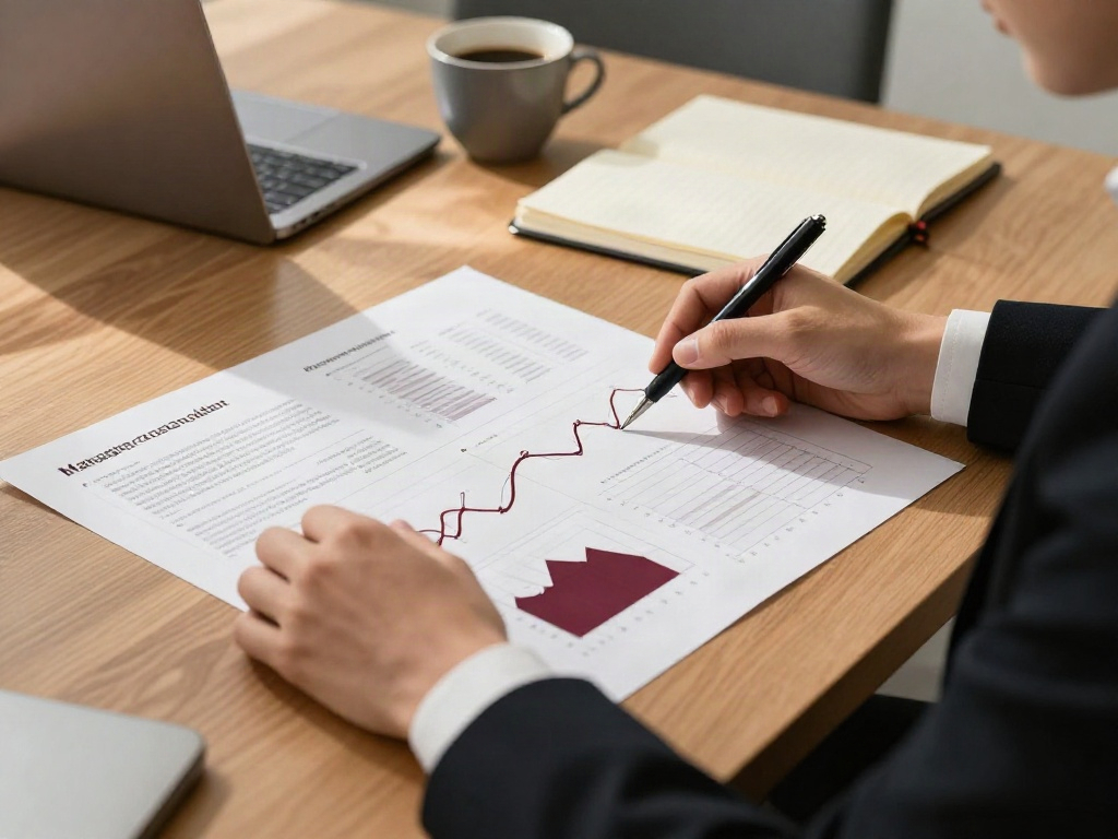 A hands-on business review with performance charts, a laptop, and a strategic roadmap on an oak table