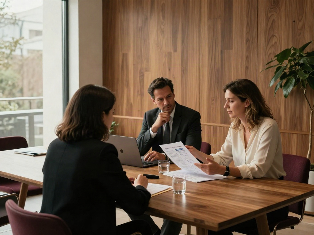 Consultants sharing insights during a focused strategy meeting in a bright, modern office